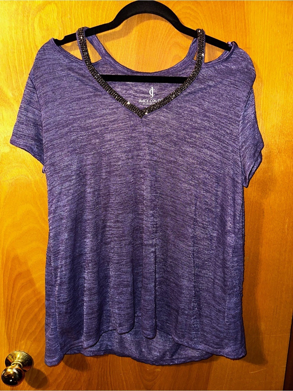 Juicy Couture Purple Cold Shoulder Beaded V-Neck Slub Knit Top